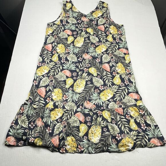J.Jill Flounced Hem Double V-Neck Knit Dress Tropical Fruit Print Boho Casual M - Picture 7 of 10